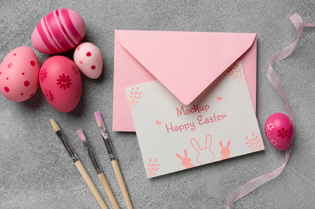 PSD happy easter card mockup design with easter eggs