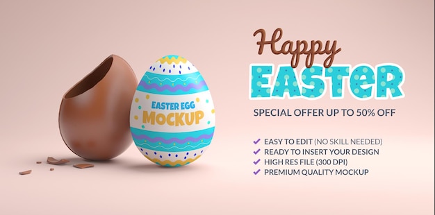 PSD happy easter card template with chocolate egg mockup in 3d rendering