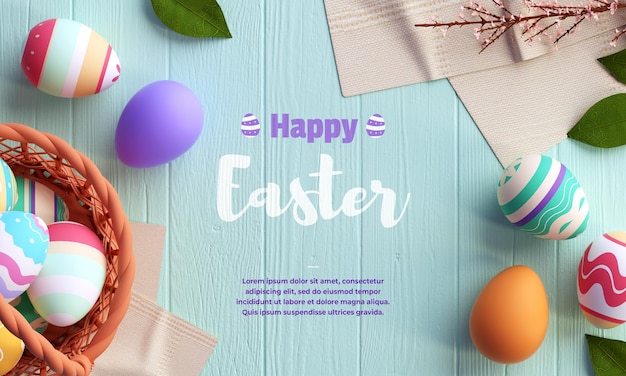 happy easter card template with painted eggs decoration and a basket on a wooden blue table