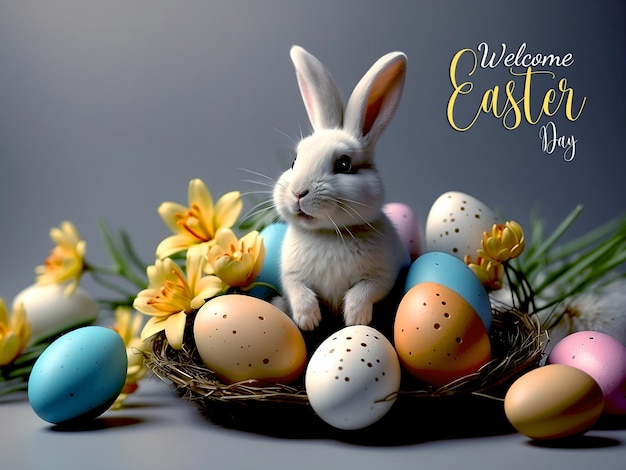 PSD happy easter congratulatory easter colorful background easter eggs rabbit and flowers