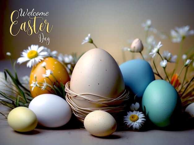 PSD happy easter congratulatory easter colorful background easter eggs rabbit and flowers