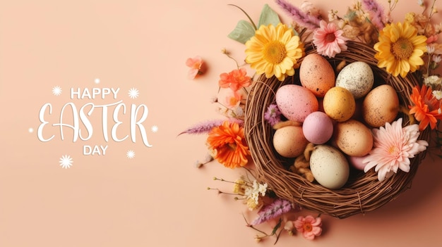 둥지 장식 계란과 꽃과 함께 행복한 부활절 날 배경