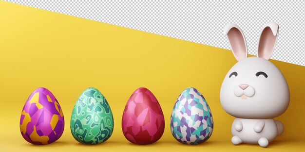 Coniglietto sveglio di giorno di pasqua felice con la rappresentazione variopinta dell'uovo 3d