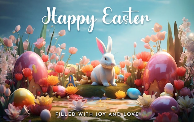 PSD ハッピーイースター デザイン カラフルな絵のリアルな卵と可愛いウサギ