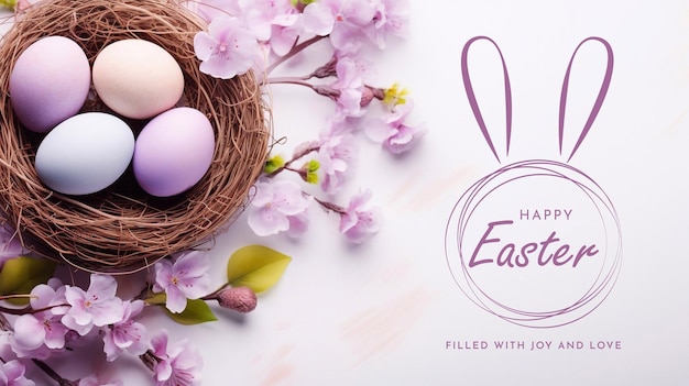 Счастливый Пасхальный День Дизайн с красочными рисованными реалистичными яйцами и милым кроликом.