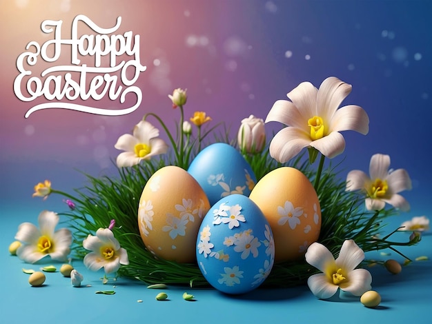 Happy easter day illustration with colorful painted egg and realistic easter background