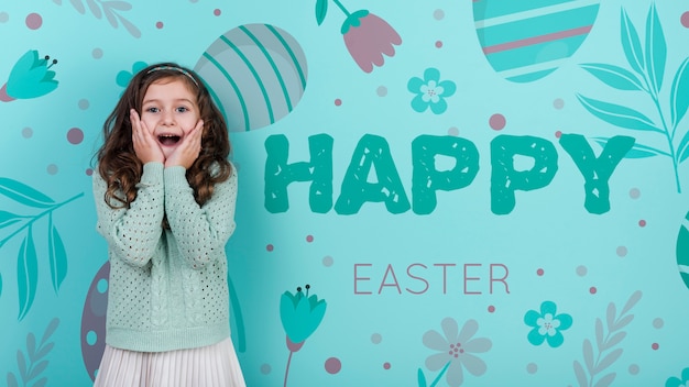 PSD mockup felice giorno di pasqua con la ragazza