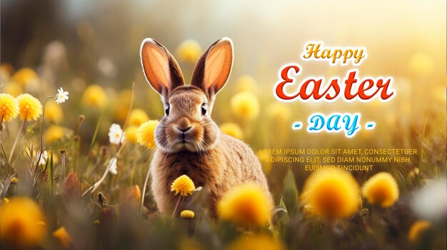 Happy easter day poster template with a background of colorful eggs and rabbits in the meadow