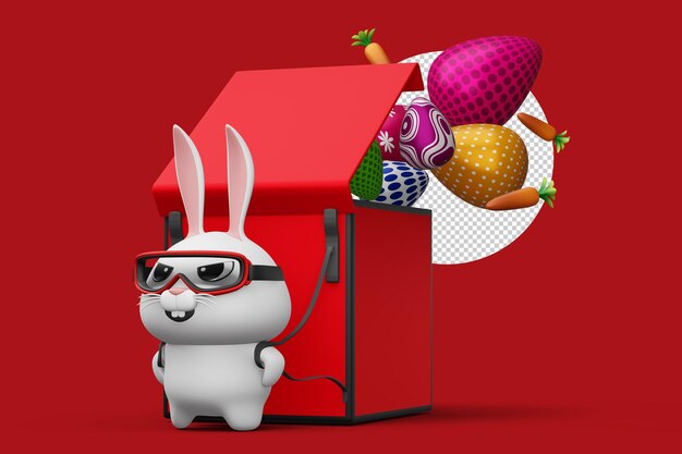 Happy easter day rabbit delivery cute bunny with colorful egg 3d rendering