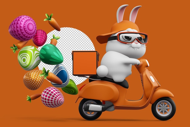 Happy easter day rabbit delivery cute bunny with colorful egg 3d rendering