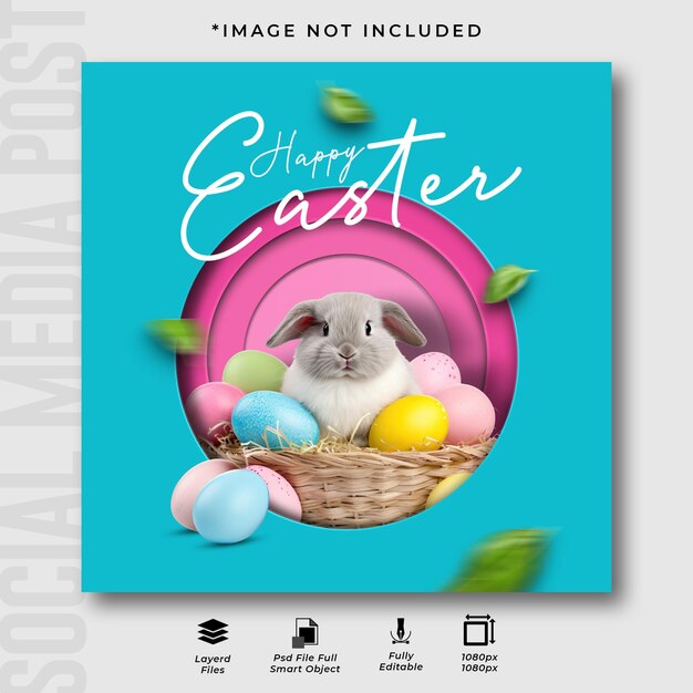PSD happy easter day with bunny and eggs social media instagram post design template