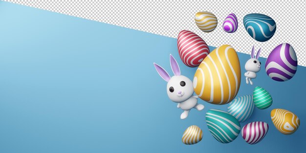 Felice giorno di pasqua con coniglietto carino e uova colorate in rendering 3d