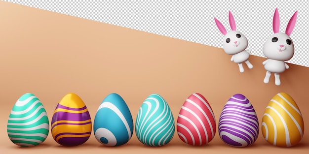 PSD felice giorno di pasqua con coniglietto carino e uova colorate in rendering 3d