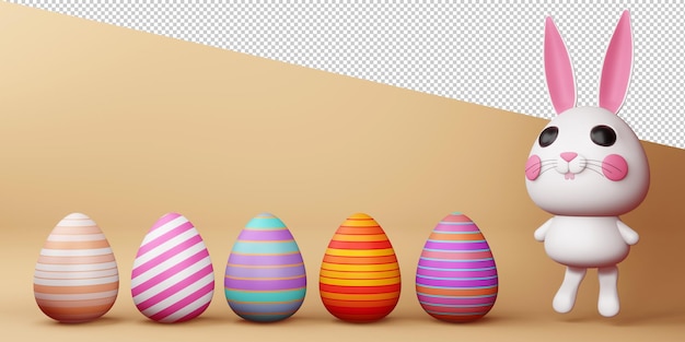 Счастливой пасхи с милым кроликом с разноцветным яйцом в 3d-рендеринге