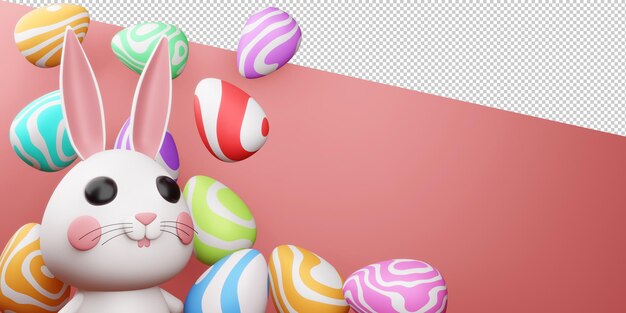 3d 렌더링에 다채로운 계란 귀여운 토끼와 행복 한 부활절 날