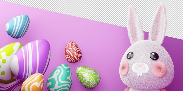 PSD Счастливой пасхи с милым кроликом с разноцветным яйцом в 3d-рендеринге