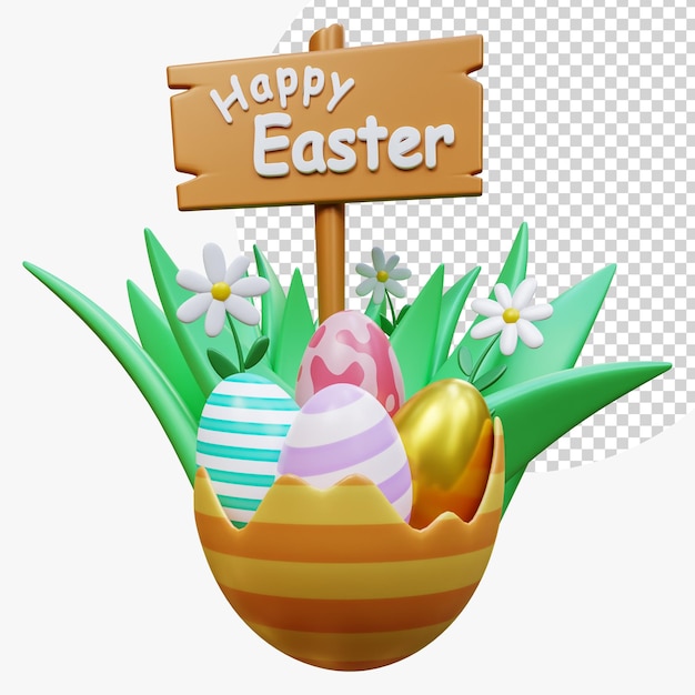 PSD happy easter day with easter eggs concept of easter egg hunt creative holiday composition banner and poster brochure and flyer spring easter 3d rendering