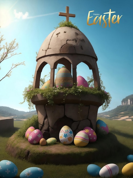 Счастливой пасхи с пасхальными яйцами Генеративная иллюстрация AI