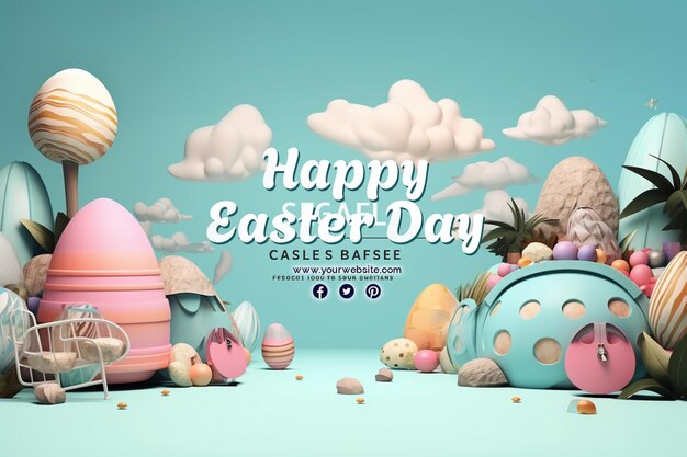 PSD happy easter day with eggs and cute bunny for social media banner and post template