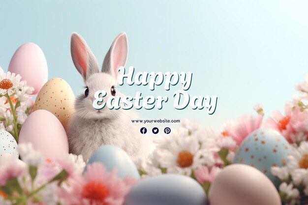 PSD happy easter day with eggs and cute bunny for social media banner and post template