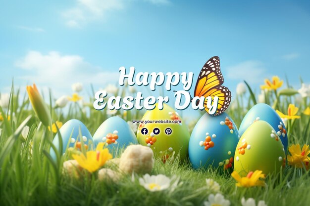 Happy easter day with eggs and cute bunny for social media banner and post template