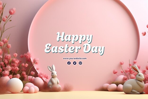 Happy easter day with eggs and cute bunny for social media banner and post template