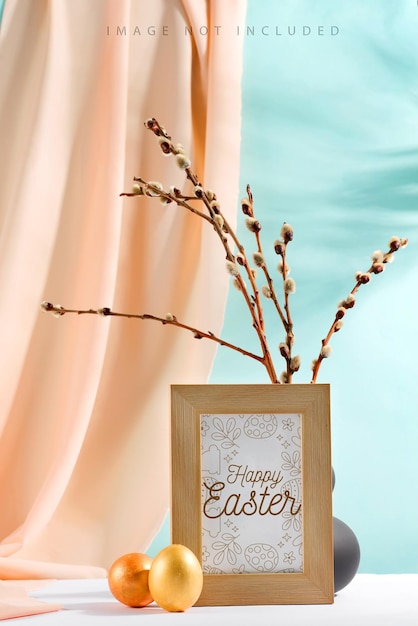 PSD happy easter eggs and branches seals in a vase with drapery fabric and mockup frame