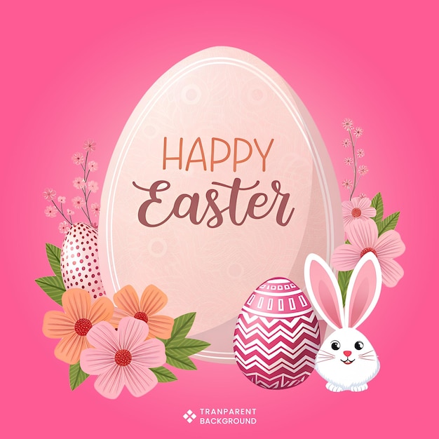 Happy Easter Greeting Card with Eggs Flowers and a Cute Bunny Rabbit