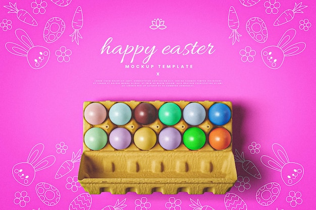 PSD happy easter mockup with twelve colorful eggs