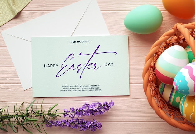 Mockup di carta moderna di buona pasqua con cesto di uova di colore pastello e decorazioni per la casa su un tavolo di legno