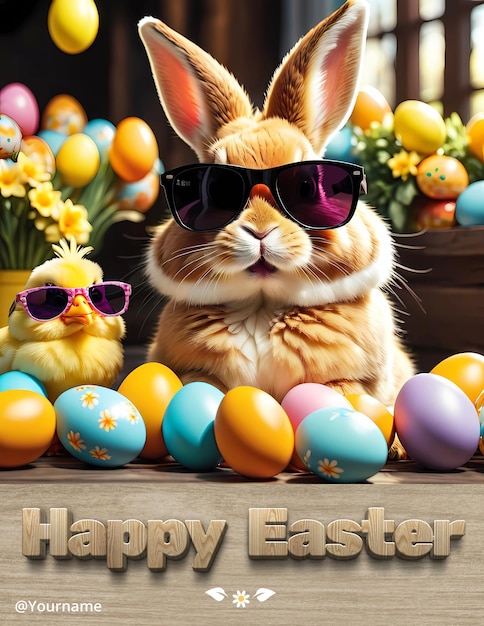 PSD happy easter social media post template rabbit and baby chick wearing sunglasses with easter eggs