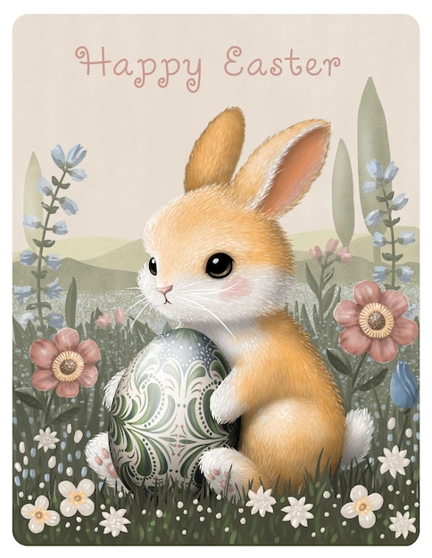 happy easter with a cute bunny and decorated egg in a flower garden
