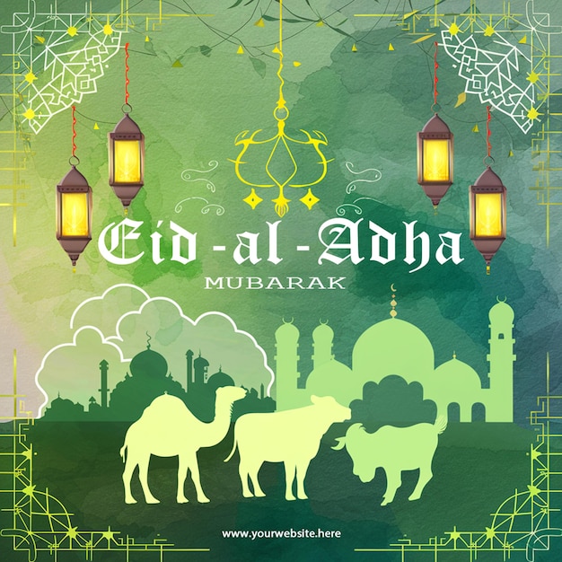 Happy Eid Al Adha Greetings Green Golden White Background Islamic Social Media post template