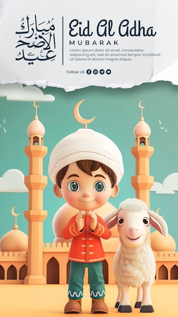 PSD happy eid al adha media social post with with muslim boy and sheep animated cartoon 3d rendering