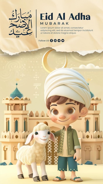 PSD happy eid al adha media social post with with muslim boy and sheep animated cartoon 3d rendering