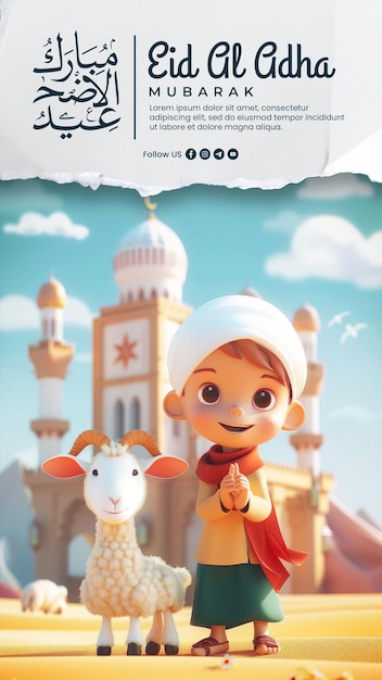 PSD happy eid al adha media social post with with muslim boy and sheep animated cartoon 3d rendering