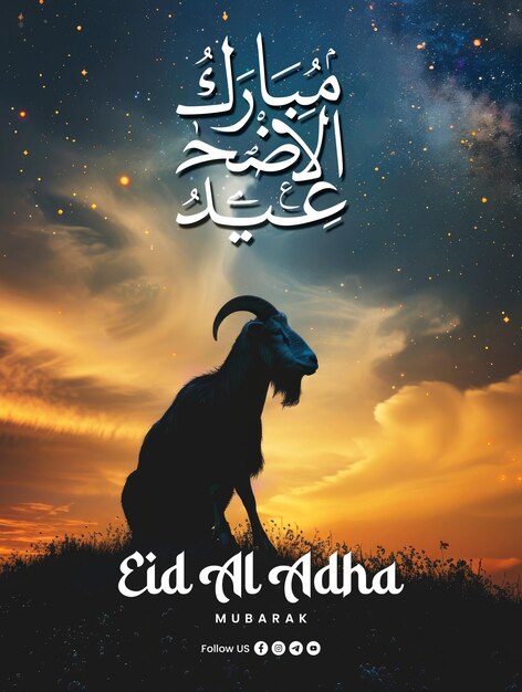 PSD happy eid al adha poster sjabloon met een achtergrond van een geit silhouet op een heuvel's nachts tegen