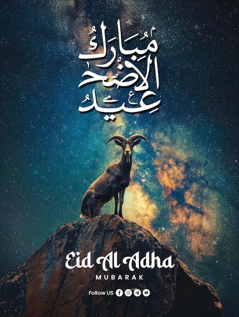 PSD happy eid al adha poster template with a background of a goat silhouette on a hill at night against