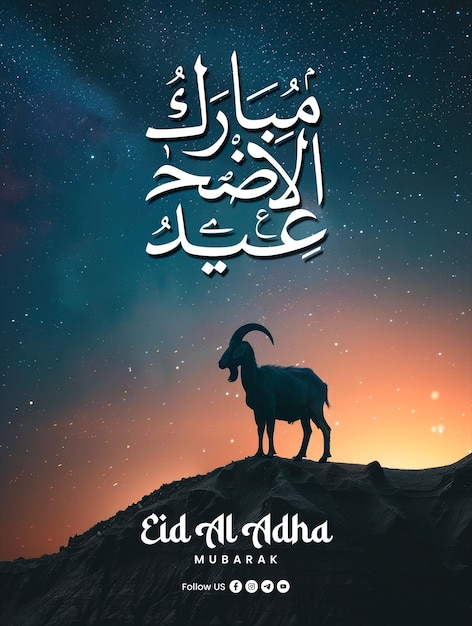 PSD happy eid al-adha 포스터 템플릿은 밤에 언덕에서 염소 실루을 배경으로합니다.