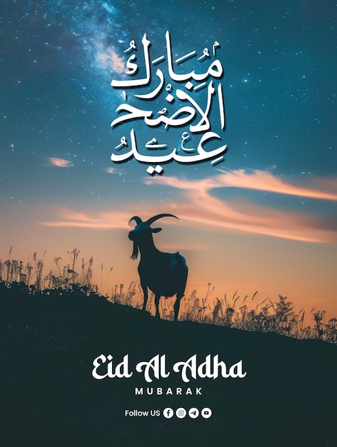 PSD happy eid al adha poster template with a background of a goat silhouette on a hill at night against