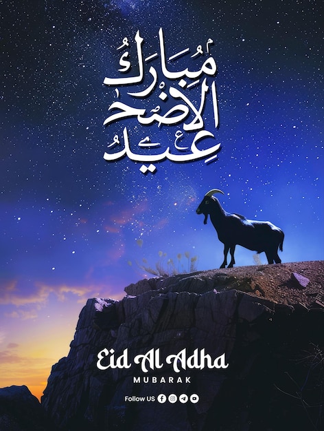 Happy eid al adha poster template with a background of a goat silhouette on a hill at night against