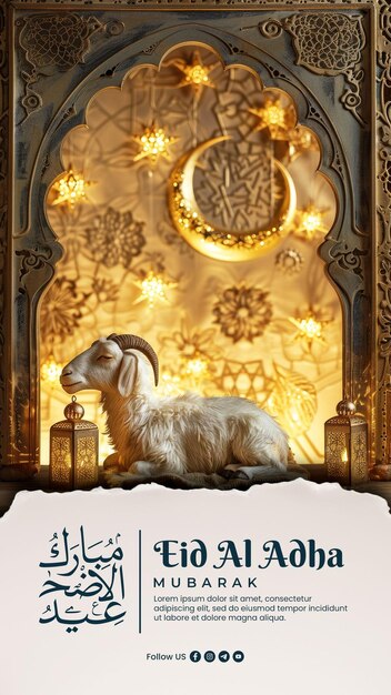 PSD happy eid al adha social media post with islamic decoration background with goat sheep arabic lanter