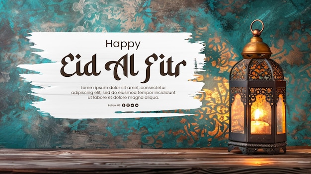 PSD happy eid al fitr banner sjabloon met ramadan lantaarn op houten tafel gestructureerde muur achtergrond