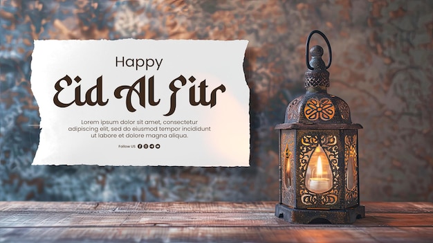 Happy eid al fitr banner template with ramadan lantern on wooden table textured wall background