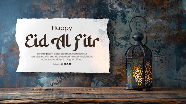 PSD happy eid al fitr banner template with ramadan lantern on wooden table textured wall background