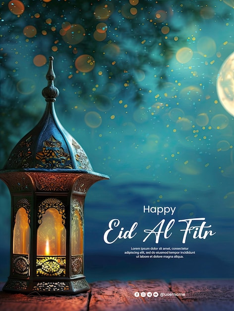 Happy eid al-fitr poster sjabloon met een lantaarn achtergrond