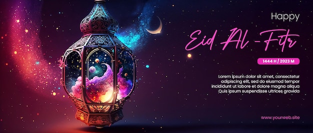 Felice eid al fitr poster con sfondo lanterna araba e spazio esterno