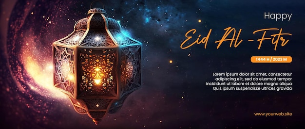 happy eid al fitr poster with arabic lantern background and outer space