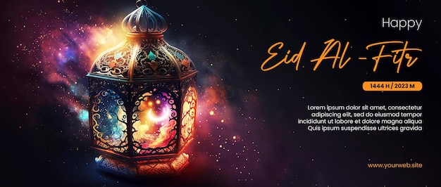 happy eid al fitr poster with arabic lantern background and outer space