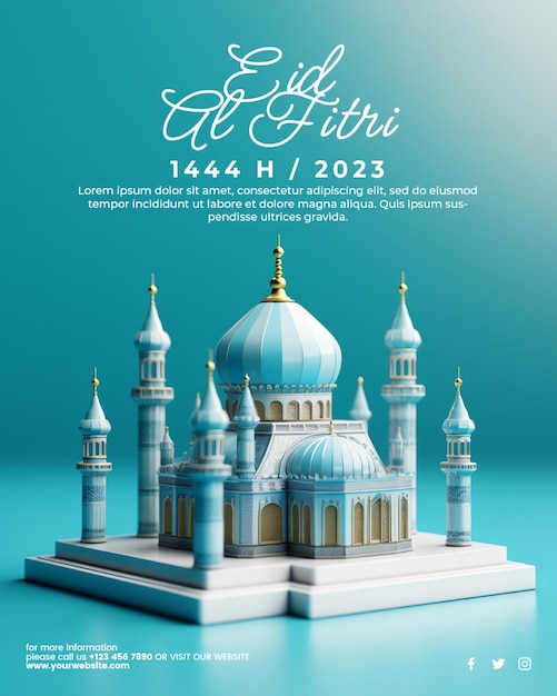 PSD happy eid al fitr social media post with 3d mosque